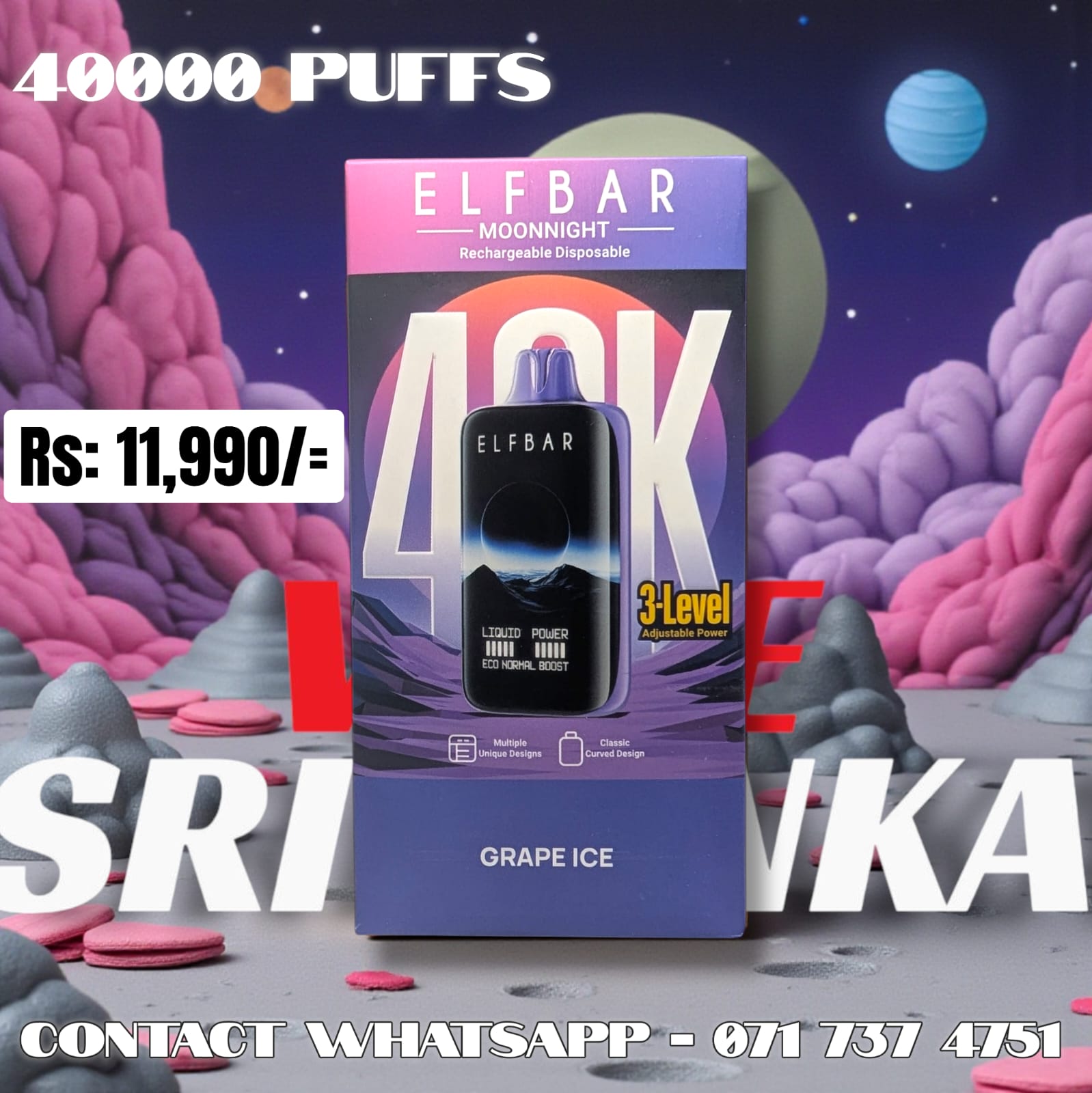 Moon Night (Elf Bar) Grape Ice 40,000 Puffs Disposable Vape – Sri Lanka