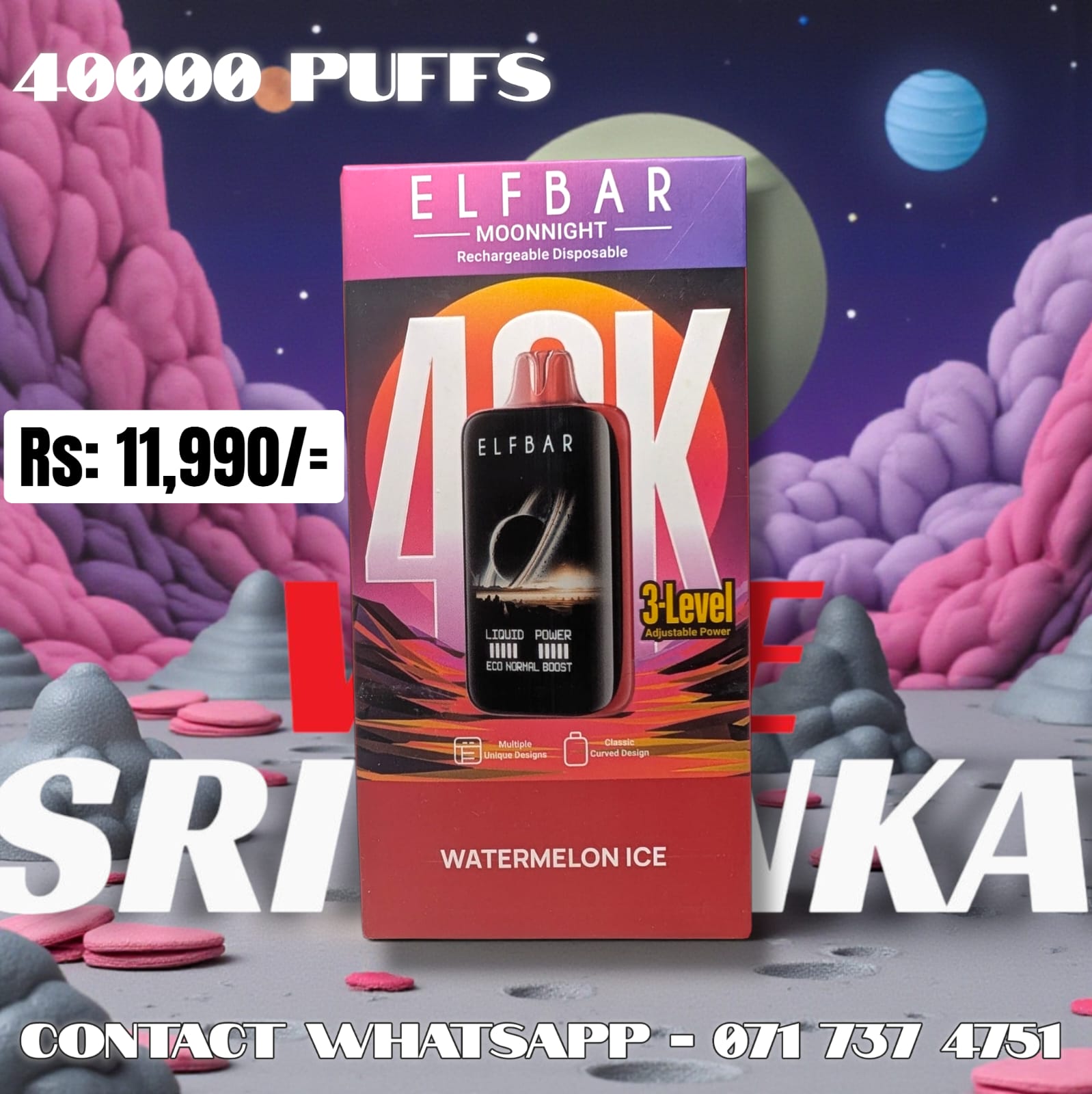 Moon Night (Elf Bar) Watermelon Ice 40,000 Puffs Disposable Vape – Sri Lanka